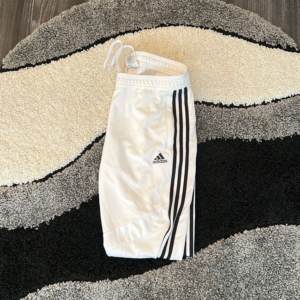 Large white and black adidas track pant